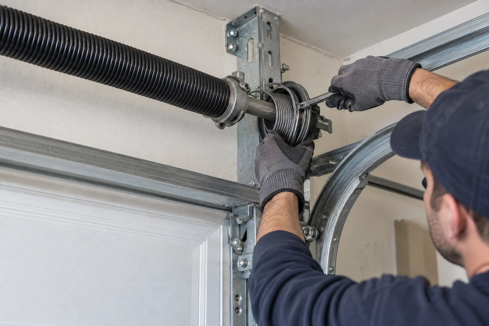 Technician repairing a residential garage door spring